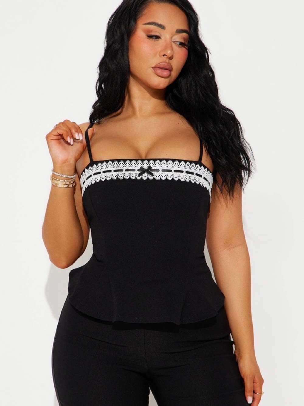 Black Lace-Trim Peplum Cami Top - Women